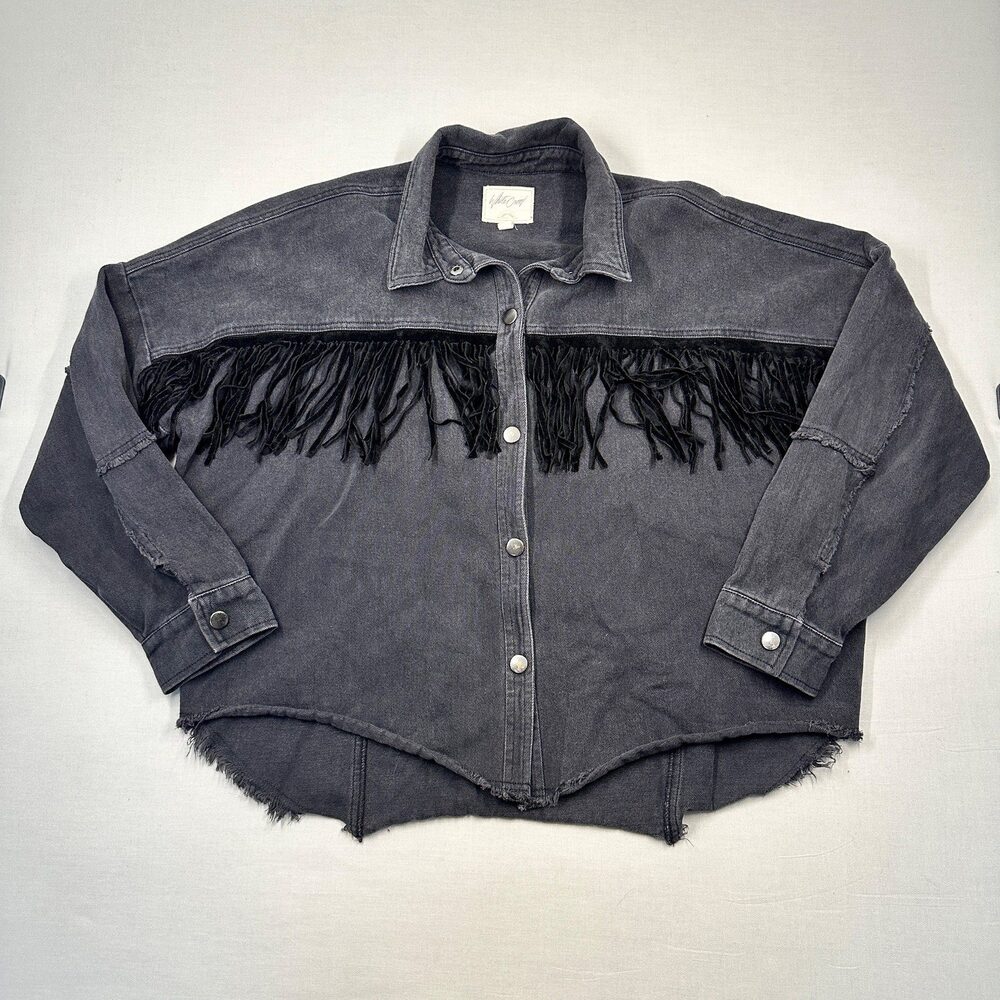 Western White Crow Fringe Cropped Denim Jacket Acid Wash L